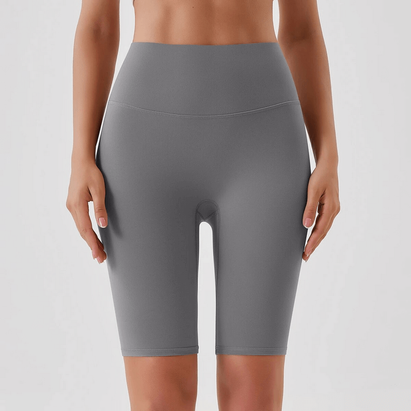 Gray women's high-waisted athletic shorts SF1667 made from breathable nylon blend, ideal for yoga, running, and workouts.